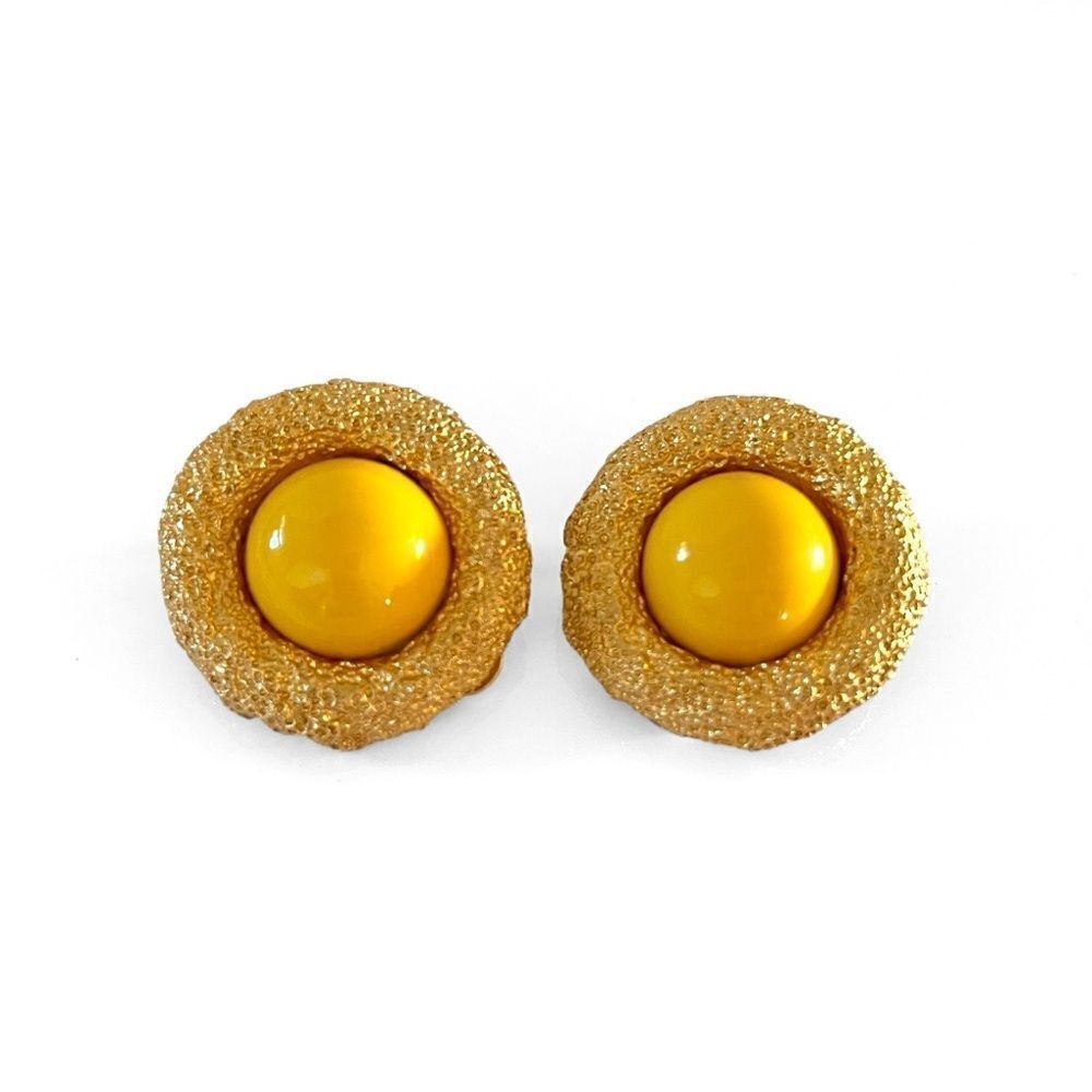 Vintage Les Bernard Gold Brutalist Yellow Cabochon Earrings